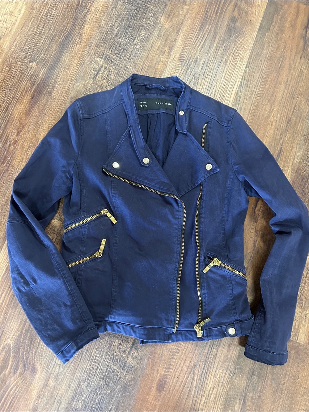 Zara Dark Blue Moto Jacket with Gold Hardware